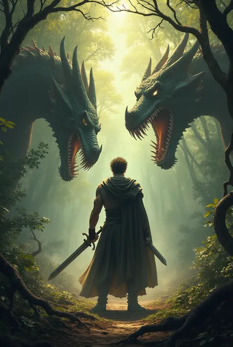 A man from behind with a sword in his hand in the middle of a forest. In front of him is a hydra and a dragon
