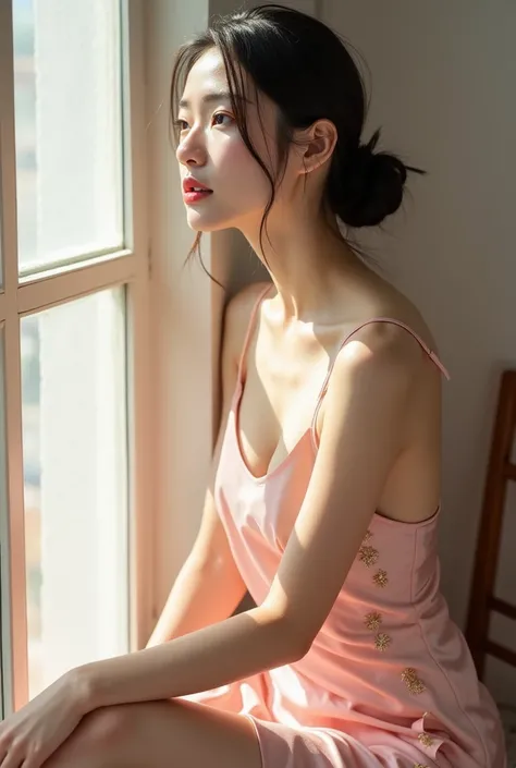 A Japanese woman with a very beautiful beauty like an actress

A gentle, sunlit pose by a window, capturing a woman in a soft pink satin slip dress with decorative side-button details. She sits with one knee raised, glancing upward toward the camera in a m...