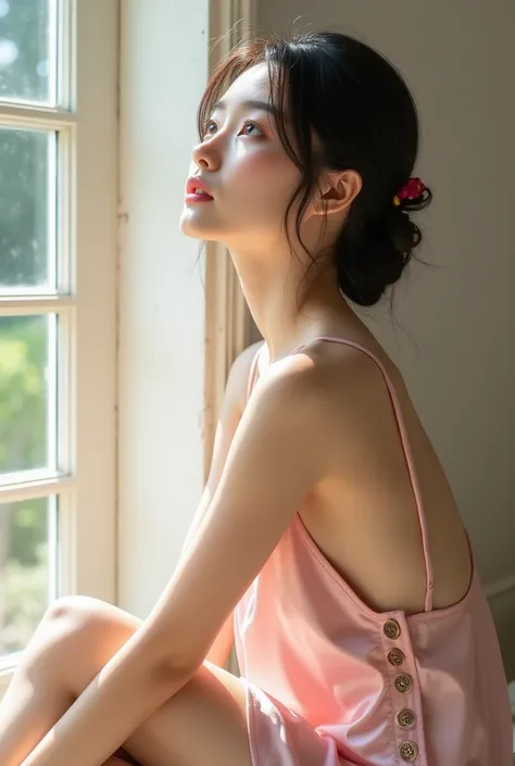 A Japanese woman with a very beautiful beauty like an actress

A gentle, sunlit pose by a window, capturing a woman in a soft pink satin slip dress with decorative side-button details. She sits with one knee raised, glancing upward toward the camera in a m...