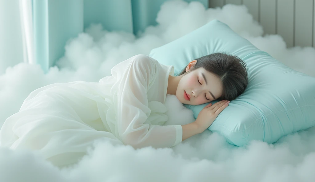 (16k, top quality, masterpiece: 1.2), (realistic, photorealistic: 1.37), super detail, she was lying on a mattress with only a see-through sheet covering parts of her body. Chinese girl, sleep on a cloud, high detail, detail eyes, detail nose, detail lips,