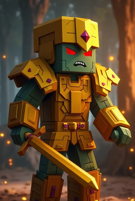 A zombie in gold armor with a golden sword Minecraft version 