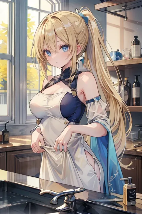  high resolution,8k, very detailed, top quality, Masterpiece,woman(160cm tall、 gal,(blonde hair,  ponytail(length:1.3)、stupid hair), bright blue eyes  ,medium breast)、soap