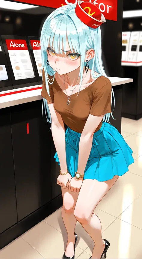 NSFW, masterpiece, best quality, amazing quality, very aesthetic, realistic detailed anime, fast food restaurant, 1girl, \(alone, cashier, long light blue hair, straight bangs, yellow eyes, small breasts, thin, tall, brown shirt, heels, earrings, necklace,...