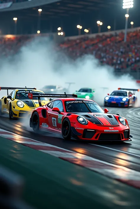 Photorealistic ultra-HD image capturing an electrifying moment in a professional car race on a racetrack. The scene shows multiple Porsche 911 Carrera race cars navigating a sharp curve at high speed, with vibrant colors like red, yellow, blue, green, and ...