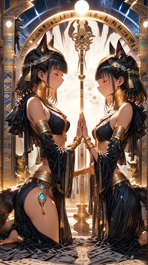 (( Masterpiece,  high image quality ,8k)),((  very detailed ,Perfect photo)),(  perfect anatomy), ((traditional tarot background)),the moon,( black hair bob cut in an Egyptian palace),blunt bangs,（(Two adult women facing each other)）,((Female Anubis deity)...