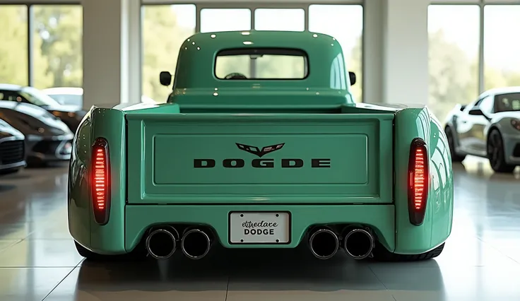 "A realistic, high-quality image of a modern Vintage Pick Up Truck seen from the back  view, resembling a   1959  Dodge Ram . The vintage Pick Up Truck is Soft green with glossy Corvette and a sleek, aerodynamic design. It has four large, round exhaust pip...