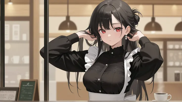 front view,Hang your hair over your ear,  one girl, black hair, half up hairstyle, pearl earrings, red eyes,Old-fashioned maid outfit, black blouse, E-cup Breasts,The chest is made of lace, high resolution, Japanese illustration style, coffee shop, indoor,...