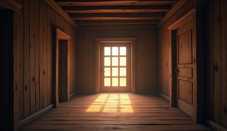 For an adventure and fantasy game, create a scenario on a second floor hallway, the hallway does not have to be long, in the hallway there have to be two doors on both sides, the decoration has to be simple, a glass and wood window at the end of the hallwa...