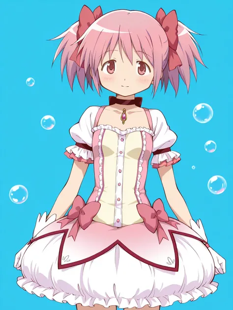 score_9, score_8_up, score_7_up,  source_anime, masterpiece, best quality, anime screencap,source_anime, anatomically correct,
(front view),cowboy shot,
kaname madoka, short hair, ribbon, twintails, hair ribbon, pink hair, pink eyes, short twintails,
skirt...