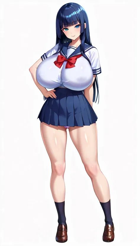 (one girl:1.5),(Best Quality,8K,High resolution,anime color:1.2),black blue hair,Blunt bangs,long bob,thin waist,shiny skin,(school girl uniform,Micro Mini Skirt,panty shot:1.3),(White background:1.2),Looking at viewer,(huge breast),Seductive pose,(full bo...