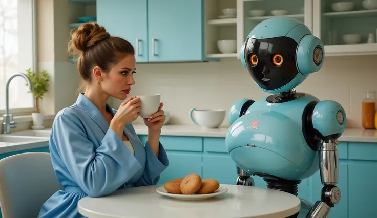 A stunningly elegant woman with vintage 1950s wavy hair, wearing a silky blue robe, sipping coffee in a bright, mid-century modern kitchen. She is engaged in a conversation with a charming humanoid robot assistant, designed with a smooth, retro-futuristic ...