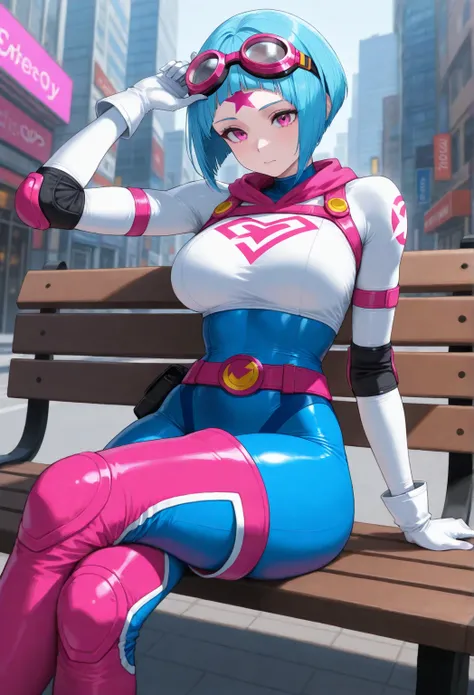 Young Woman with smooth neon blue bob haircut, with haircut points going down past jaw, in a full skin tight super hero suit, with goggles on forehead, with white top pattern, with blue bottom pattern, with neon pink thigh boots, with white arm gloves, wit...