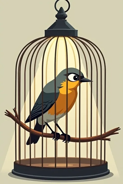 a 
stylized image of a small bird, perched on a branch inside a traditional metal cage. The bird has a determined look in its eyes, and its body language suggests it wants to be free, even though it's perched confidently. The cage is medium-sized with a cl...