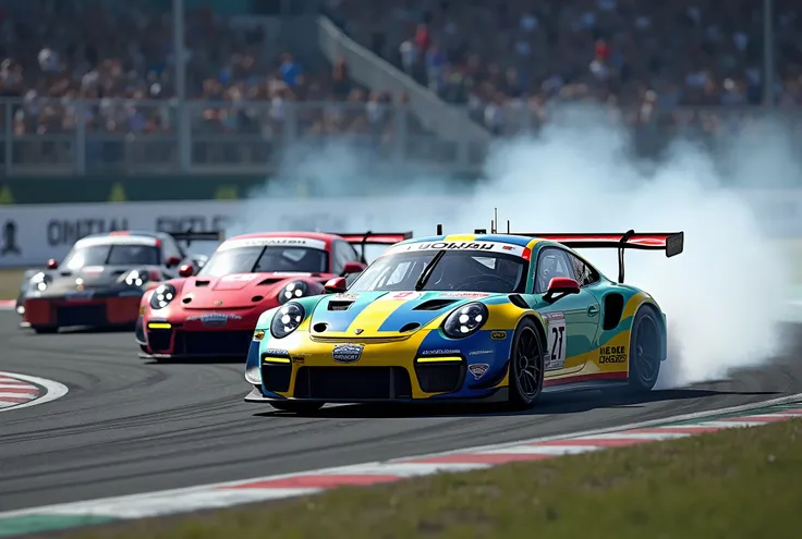 Photorealistic ultra-HD image capturing an electrifying moment in a professional car race on a racetrack. The scene shows multiple Porsche 911 Carrera race cars navigating a sharp curve at high speed, with vibrant colors like red, yellow, blue, green, and ...