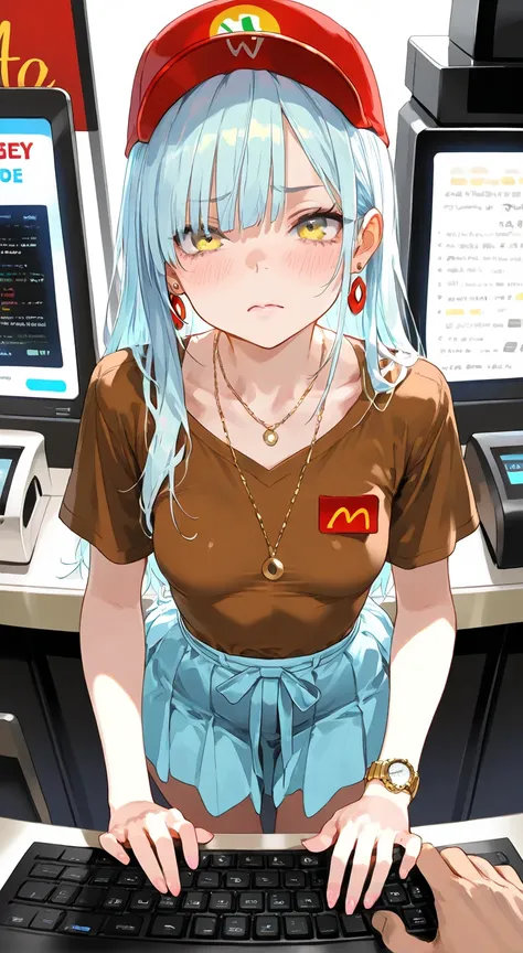 NSFW, masterpiece, best quality, amazing quality, very aesthetic, realistic detailed anime, fast food restaurant, 1girl, \(alone, (cashier), long light blue hair, straight bangs, yellow eyes, small breasts, thin, tall, brown shirt, heels, earrings, necklac...