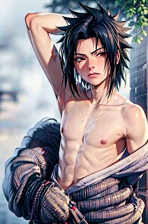 Uchiha sasuke, showing his sweaty armpits, masterpiece, detailed armpits, sweaty armpits, hairy armpits, best quality,,hairless armpit,clean armpit