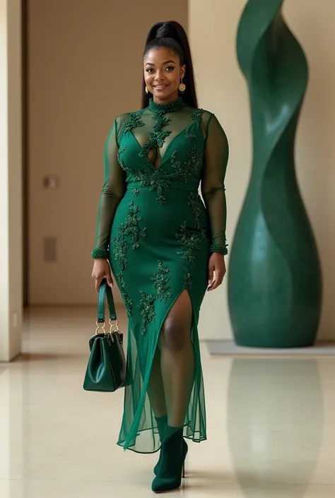 A curvaceous Black woman in a fitted, long-sleeve sheer mesh midi dress in deep emerald, featuring velvet floral embroidery and a high neckline. She pairs it with stiletto booties and a structured top-handle bag, her hair styled in a high, slick ponytail. ...