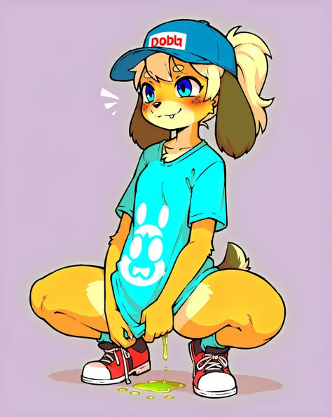 furry female dog , loose sloppy long T-shirt , squat , pee , psychedelic , T-shirt pull