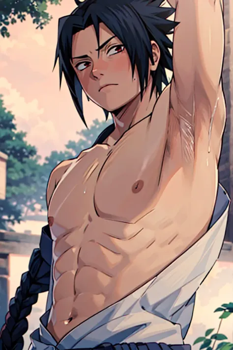 Uchiha sasuke, showing his sweaty armpits, masterpiece, detailed armpits, sweaty armpits, hairy armpits, best quality,,hairless armpit,clean armpit