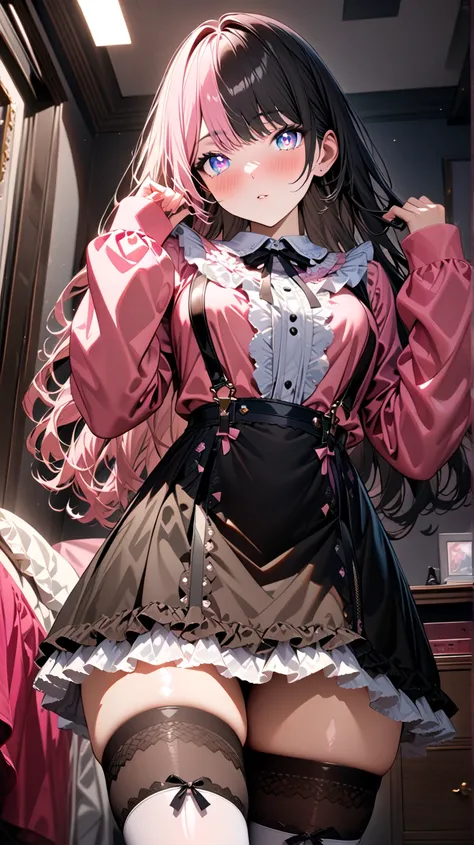 ,(sleeves past wrists, (pink frilled shirt: 1.3), (suspenders: 1.1), (pink shirt: 1.2), Thighhighs, black skirt,,Masterpiece, Best Quality, extremely detailed, intricate, hyper detailed, detailed eyes, (perfect face), (shiny skin, gleaming skin),,my room,