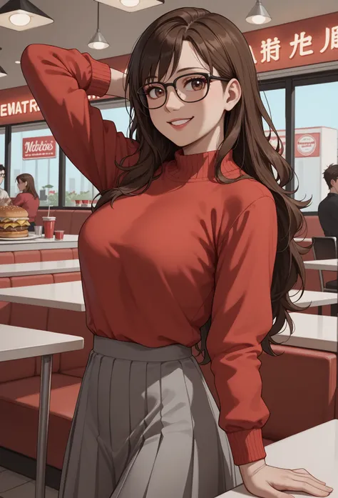 perfect quality, high quality, masterpiece, absolutely eye-catching BREAK
ipporeikomikami, long hair, brown hair, brown eyes, glasses, over-rim eyewear, red sweater tucked in, grey skirt BREAK
inside, diner, smiling, parted lips, looking at viewer, right a...