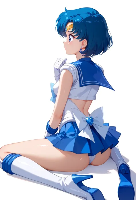  high resolution、  Masterpiece、   sailor mercury 、Mizuno Ami、 woman 、 Small chest、     small breasts、    small breasts、  thin eyebrows in boots 、slender 、Ultra slim、   blue hair 、   short hair、whole body:1.9、  Perfect Hands、        shiny skin 、 sailor warr...