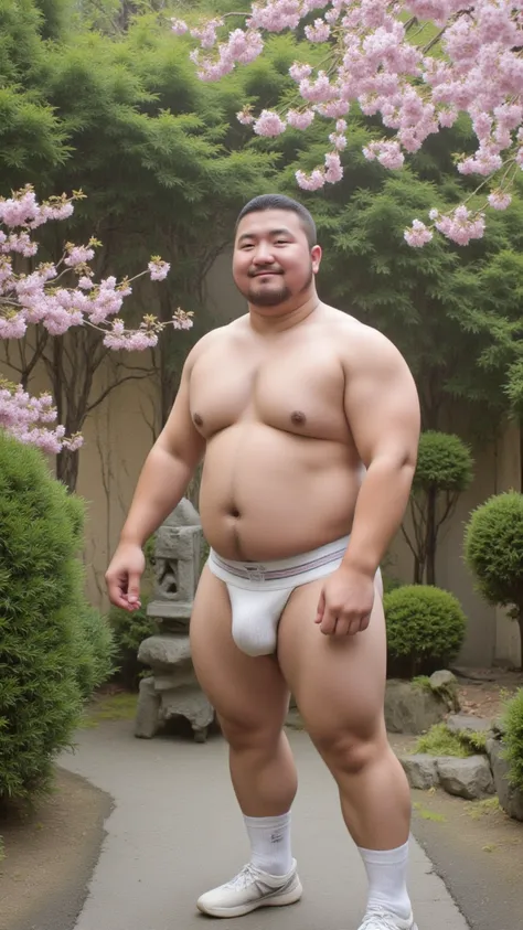  jockstrap、male,   Japanese、 Asian, fat、obesity,50 years old、naked、Nipples、smile、cherry blossoms、 Japanese Garden、 white socks、 sneakers、walk