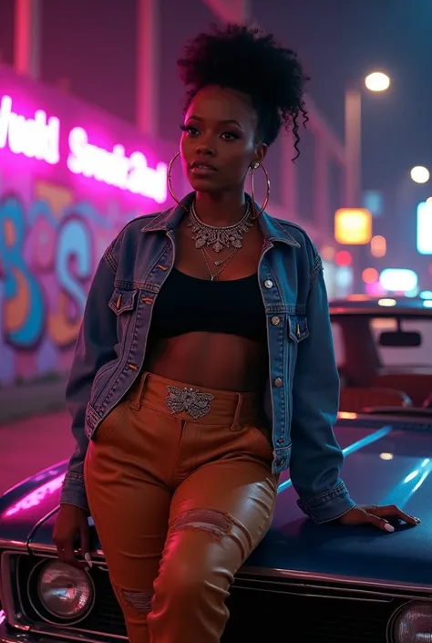 A curvaceous Black woman in a cropped, distressed denim jacket over a fitted black bodysuit, paired with high-waisted faux-leather joggers in a rich caramel tone. She wears lace-up heeled boots and layered silver necklaces, her hair styled in a high puff w...