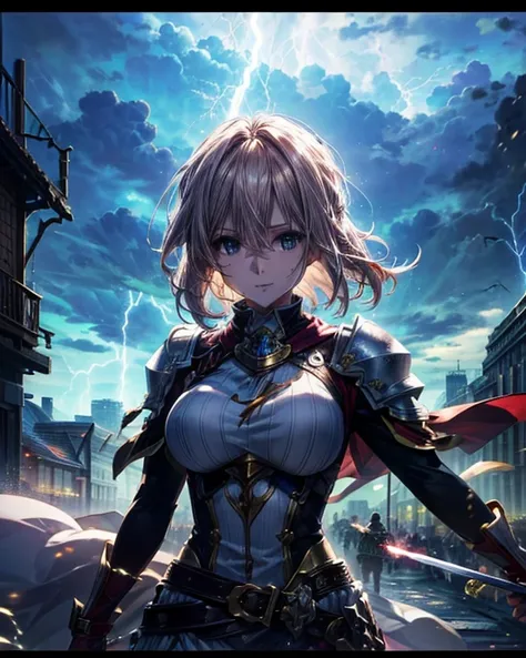 (最高 Masterpiece,  highest quality, 4K, 8k,  high resolution, Masterpiece:1.2),smile, big breasts,( paladin),Miracle,Power Spot, fantastic world, White Light Spot,(Insist on the Holy Sword), She's on an adventure to defeat the demon king, is a master of swo...