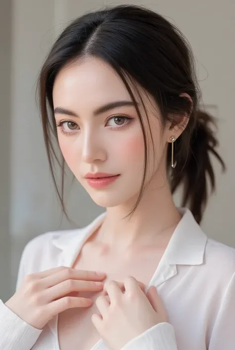 A professional photo, masterpiece. Mai Davika Hoorne, beautiful pale skin Russian woman, (((ponytail hair))), holding her chest for a tits job, ultra detailed facial features, natural facial skin without make up, alluring facial expression, UHD, 16K, RAW, ...