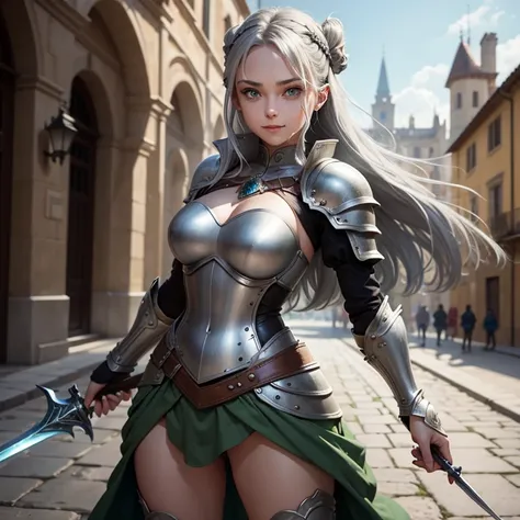  a girl,  Untidy gray hair ,  green eyes,  mischievous smile , medieval Magicpunk style armor in matte green and light brown and silver colors.  full body photograph ,  Anatomically correct, estatura de  a girl, Pose threatens with a sword . Simple gray an...