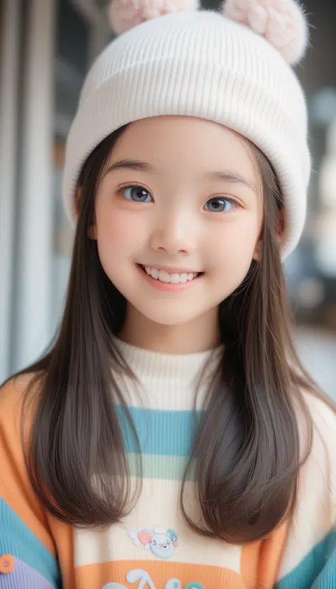 (best quality, ultra high resolution, realstic:1.7), (very young girl:2.3), japanese beauty, lovely face, light smile, beautiful eyes, animal beanie, multicolored sweater, looking viewer