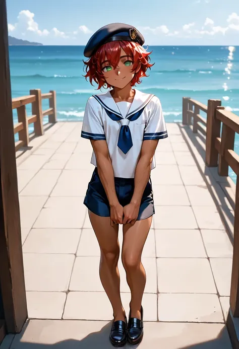 1boy, shota, muscular, dark copper tan skin, solo, red hair, short messy hair, beret, white sailor uniform, short pants, green eyes, Western-style American town, port, ocean, standing on the street, smile, masterpiece, best quality, cinematic lighting, dec...