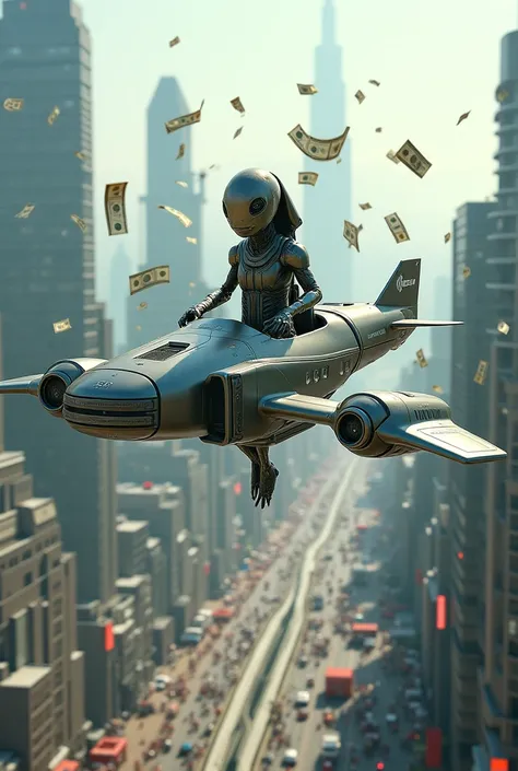 An alien inside a flying car flying over a city throwing money at people 