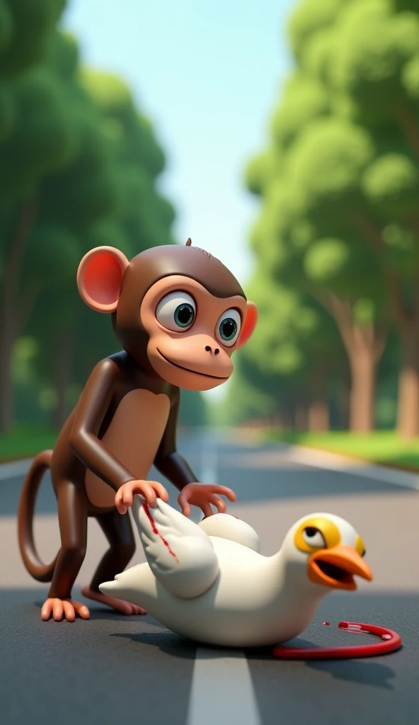 
Create 3d animation image of 
A brown monkey with large eyes stands over a white bird lying in the middle of a street in a green forest. The bird is wounded on its back, with blood flowing from the injury, which appears to be caused by a bullet. The monke...