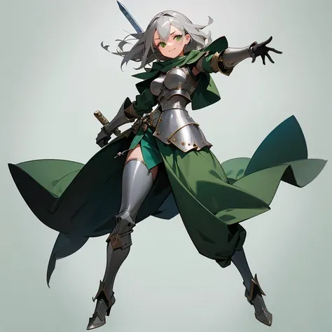  a girl,  Untidy gray hair ,  green eyes,  mischievous smile , medieval Magicpunk style armor in matte green and light brown and silver colors.  full body photograph ,  Anatomically correct, estatura de  a girl, Pose threatens with a sword . Simple gray an...