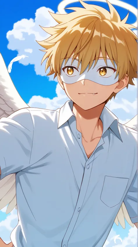 Full pure White hero masked men anime, solo,white collar shirt,white mask,white eye mask,angel,1boy,mysterious grin,fang out,male focus,big white angel wing,angel halo,golden eyes,day sky clouds heaven background,inuzuka shuu, blonde,male focus,playful,whi...