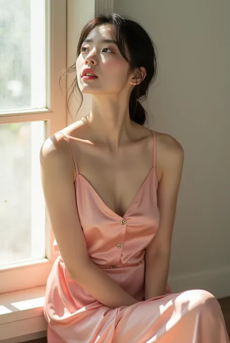 A Japanese woman with a very beautiful beauty like an actress

A gentle, sunlit pose by a window, capturing a woman in a soft pink satin slip dress with decorative side-button details. She sits with one knee raised, glancing upward toward the camera in a m...