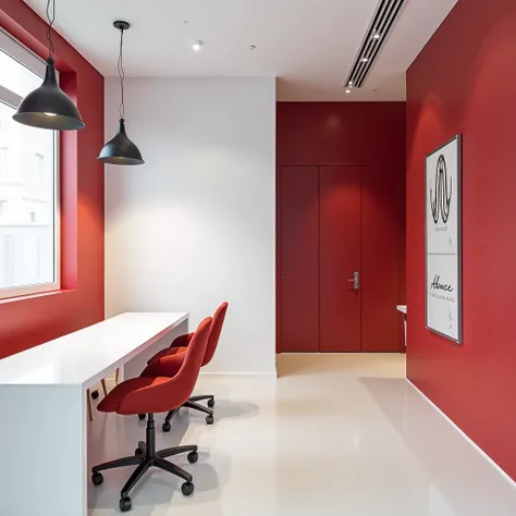 Designing a modern office ,  elegant and minimalist for the real estate company  "Advance Spaces Moments ".  The space should reflect professionalism and creativity ,  using a bold color palette ,  mainly white and cherry red