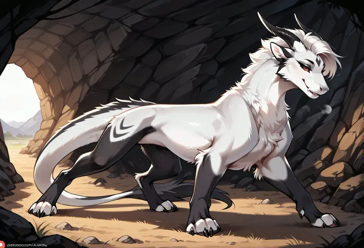 solo, feral, Furry girl with short hair,, with white black fur, black legs with white fur, dragon tail mixed with a white fur , one completely black eye and the other normal, horns, seductive pose, detailed background
