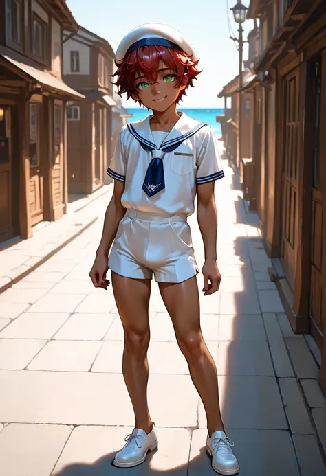 1boy, shota, muscular, dark copper tan skin, solo, red hair, short messy hair, beret, white sailor uniform, short pants, green eyes, Western-style American town, port, ocean, standing on the street, smile, masterpiece, best quality, cinematic lighting, dec...