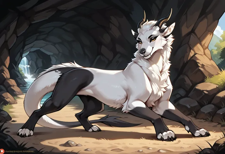 solo, feral, Furry girl with short hair,, with white black fur, black legs with white fur, dragon tail mixed with a white fur , one completely black eye and the other normal, horns, seductive pose, detailed background