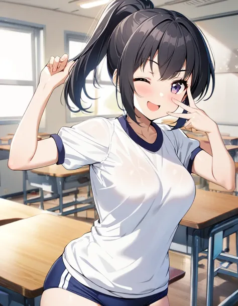 1girl, schoolgirl, buruma, navy buruma , highcut buruma, athletic bloomers, white t-shirts, gym uniform, ponytail, beautiful black hair, school, in the classroom, very cute, normal breasts, v over eye, smile, one eye closed, standing