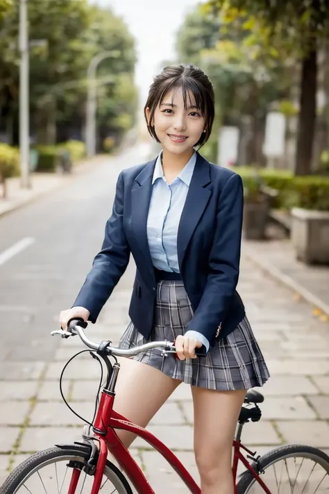  (( highest quality, 8k,  Masterpiece :1.3)),
 big breasts，Curvy Body，
 super detailed face ,  Fine grain , Double eyelids,
 smiles, Coquettish look， short hair，
 High School Uniforms， wrap a blazer around your waist，
Pedalling a bicycle,The whole bike ,
s...