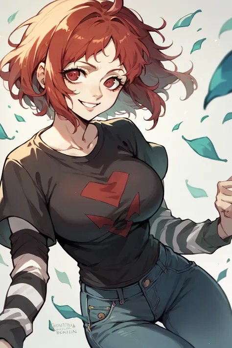 1 girl, solo, black short sleeve t-shirt, layered sleeves, white long sleeves, jeans, defMonica ,red hair, red eyes, black t-shirt over white long sleeves, confident smile, large breasts, striped sleeves