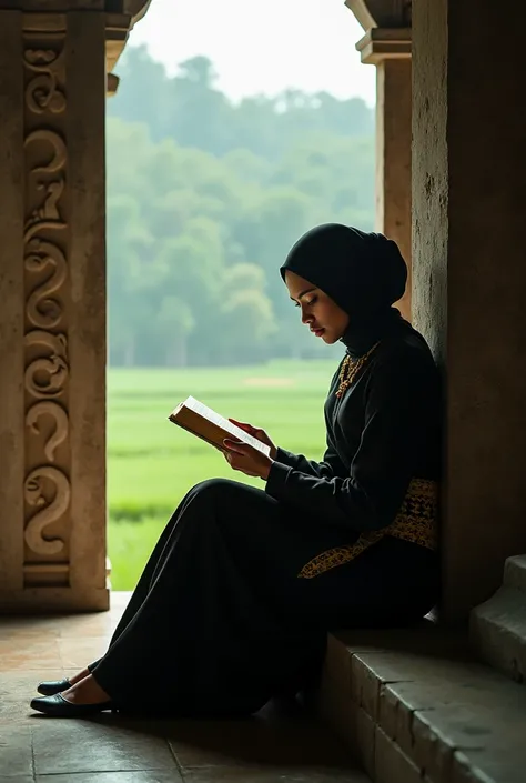 Very beautiful indonesian woman, super model, 30 years old wearing black moslem clothes, yellow ethnic belt, sitting, reading a book at a Javanese temple on aa valley