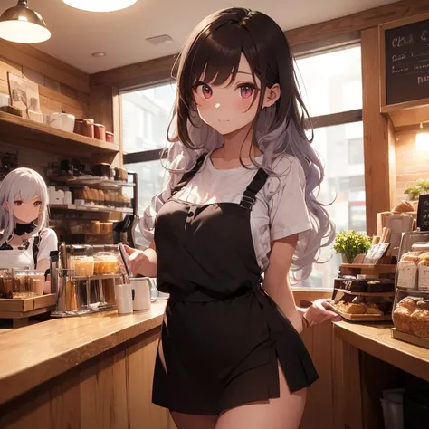 ( Masterpiece,  highest quality,  super detailed, 8k, 4K, hi res), 1 Female, The hostess of a coffee shop wearing an apron, (３５talent), ( Long Wavy Hair ), ((( dark brown hair ))), ( shirt), ( tight skirt), ( Sexy Pose ,  poses for the audience:1.3),  Insi...