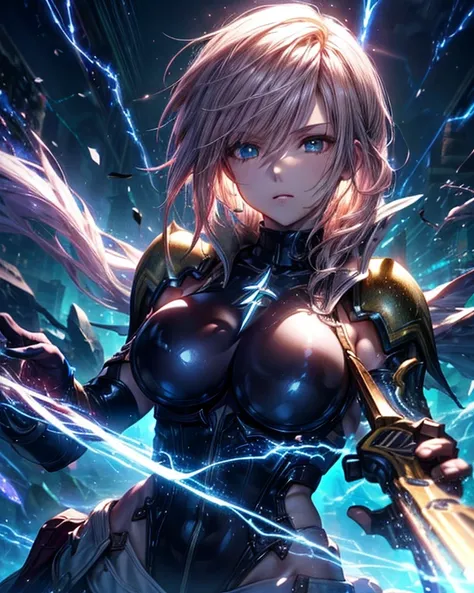 (最高 Masterpiece,  highest quality, 4K, 8k,  high resolution, Masterpiece:1.2), Final Fantasy Lightning, big breasts,( paladin),Miracle,Power Spot, fantastic world, White Light Spot,(Insist on the Holy Sword), She's on an adventure to defeat the demon king,...