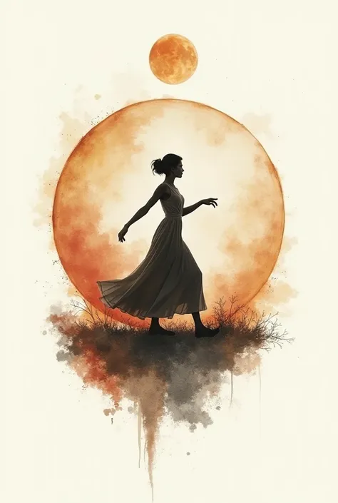 a collage on a white background with a medium photograph in its lower right margin of a vintage woman dancing the background and the image must have watercolor strokes in warm colors the woman is superimposed on the central image of a planet like that of t...