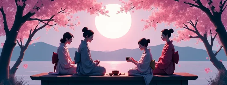 women's moonlit tea ceremony. cherry blossom trees in background